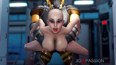 Shaved sci-fi babe in tight spacesuit takes deep anal and throat pounding from masked alien commander at Mars base camp
