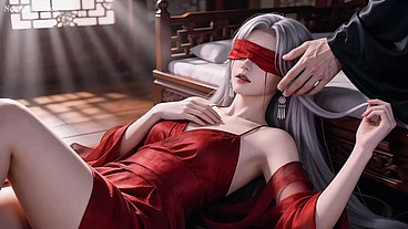 A Chinese classical beauty with skin as white as snow, dressed in red and with white hair. Blowjob, cum, first episode, AI-generated