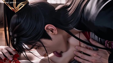 A Chinese classical beauty with skin as white as snow, dressed in red and with white hair. Blowjob, cum, first episode, AI-generated