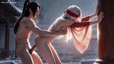 A Chinese classical beauty with skin as white as snow, dressed in red and with white hair. Blowjob, cum, first episode, AI-generated