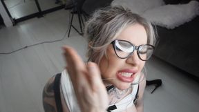 Drenched in drool and fully controlled — he holds her by the strap and pushes deeper again and again