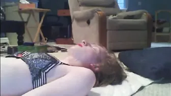 Amateur twink crossdresser strokes hard cock and cums on himself