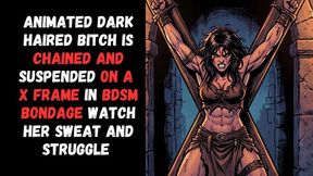 Barbarian comic book bitch is captured and tied to an x frame in BDSM bondage watch her struggle to free herself