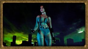 Toned wanton Jill Valentine in slutty outfit dancing against acidic sky