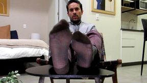 Gio in grey loafers & sheer socks