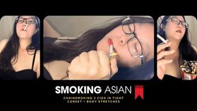 Addicted Smoking Asian: Chainsmoking 2 Cigarettes in Tight Corset and Stretching Lungs, Body