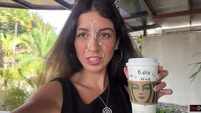 Slut Sips Starbucks with Cum-Glazed Face After Public Bathroom Blowjob