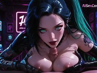 Cyber babe takes bar cock screaming as cum showers her face