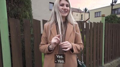 Public Agent Cute blonde flashes her perky titties for cash and fucks huge cock in a basemant