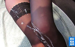 cumming on beautiful nylon slut's legs