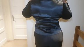 Shiny leggings and satin blouse bondage