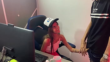 Stepsister deepthroats my cock then gets fucked hard