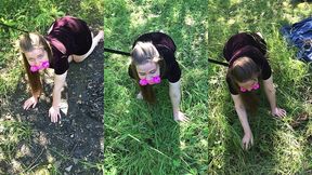 she is walked in the forest like a dog
