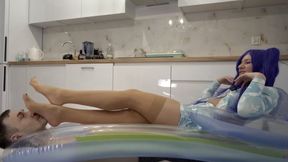 Man Inside Of Mattress And Miku Relaxing On Him In Tan Pantyhose And Stockings - MIX