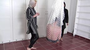 Amber and Carla kick slave in net