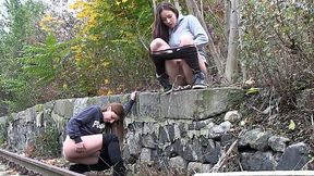 Two friends walk on the train line and search for a place to pee