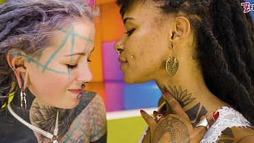 Tattoo girls play hard - STRAP ON, blowjob, SQUIRT on girl, interracial - (goth, punk, alt porn) ZF056