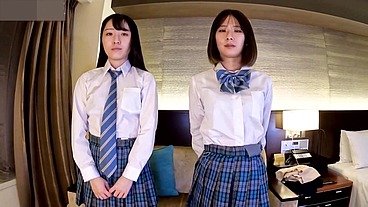 Uncensored, Japanese slender amateur and big breasted beauty, Threesome, Blowjob and shaved pussy creampie sex Uniform cosplay,