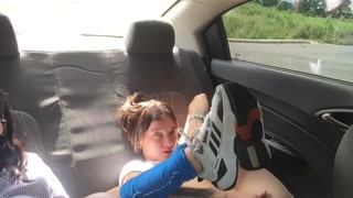 My stepsister masturbates in the Uber before arriving at the university and ends with a pussy lickin