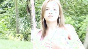 ”Blonde teen masturbating outdoors”