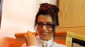 sexy brunette, lou charmelle, wearing glasses and conservative clothes to appear to be...