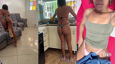 Novinha provoca tio limpando a casa com biquíni micro