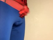 trying to JERK OFF in a Spiderman Costume - FAIL ** BALL STRETCHER ON **