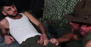 Army action with a bald stud and a petite brunette fella