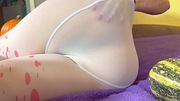 Halloween vibe white and red pantyhose teaser, purple bedsheet