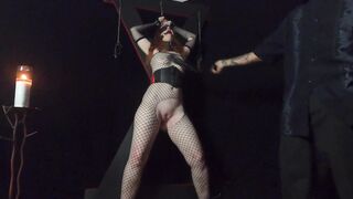 Red Haired cougar Bound to St. Andrews Cross and Brought to