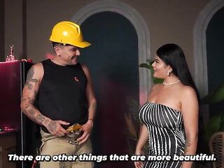 Brawny plumber fixes his breasty brunette hair client's clogged drain.