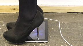 working iPad crushing in black metal heels and Snake Skin metal stiletto high heels