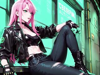 AI-generated- Pink-Haired Leather Tech! Intimate vibes in a neon-lit cyber corridor.