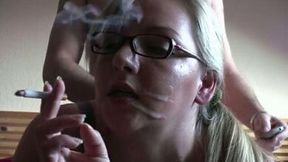 Amazing blonde smoking and fucking in her bedroom