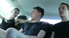 Three twinkies doing hardcore anal fucking in a small car