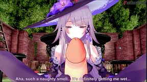 Witch Herta gives footjob and thigh job to starry lover in anime fantasy