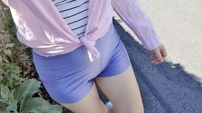 Shiny shorts outdoor wetting peeing