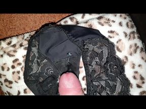 My mommy&#039;s black lace thongs covered by step son&#039;s sper