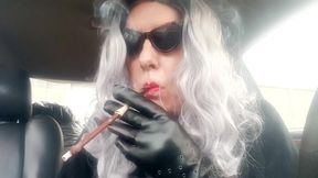 MATURE SILVER HAIR SMOKING HER MORE 120s IN HER RIDE FOR YOUR VIEWING PLEASURE!!