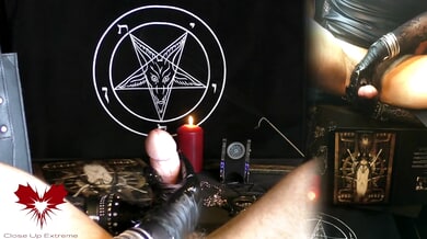 Mistress performs clinical sounding on submissive while another man masturbates under gothic candlelight