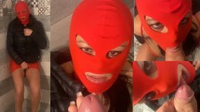 Sheer Red Seduction – Masked Blowjob & Doggy with Double Cum on My Downjacket