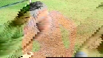 Unusual Brazilian muscle head yanking off on footbal