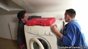 Busty old lady gets threesome with two repairmen