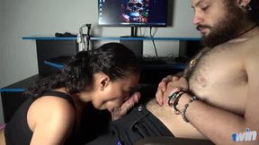 My stepsis interrupts my work, so I give her a rock hard prize - a sloppy blowjob.