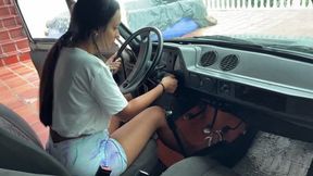 Dalilah is really persistent about starting the car in her flip-flops