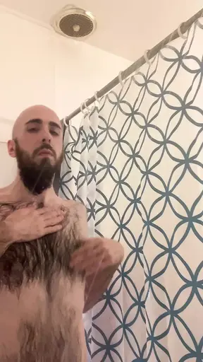 Skinny hairy bald blue-eyed white guy washing my beard, hairy chest, and armpits in the shower