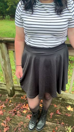 Quick look up my skirt in crotchless pantyhose