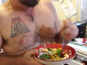 Naked salad toss: eating and hanging out with my dogs