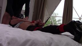 milf in pantyhose and high heels tied and gagged gets fucked in all holes with many orgasms