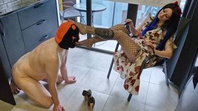 Amazing foot fetish. Slender and long legs in fishnet stockings. Slave worships his Goddess&#039; feet, sniffs and kisses her feet.